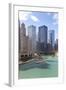 Tourist Boat on Chicago River with Glass Towers Behind on West Wacker Drive, Chicago, Illinois, USA-Amanda Hall-Framed Photographic Print