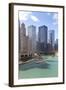 Tourist Boat on Chicago River with Glass Towers Behind on West Wacker Drive, Chicago, Illinois, USA-Amanda Hall-Framed Photographic Print