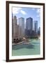 Tourist Boat on Chicago River with Glass Towers Behind on West Wacker Drive, Chicago, Illinois, USA-Amanda Hall-Framed Photographic Print