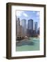 Tourist Boat on Chicago River with Glass Towers Behind on West Wacker Drive, Chicago, Illinois, USA-Amanda Hall-Framed Photographic Print