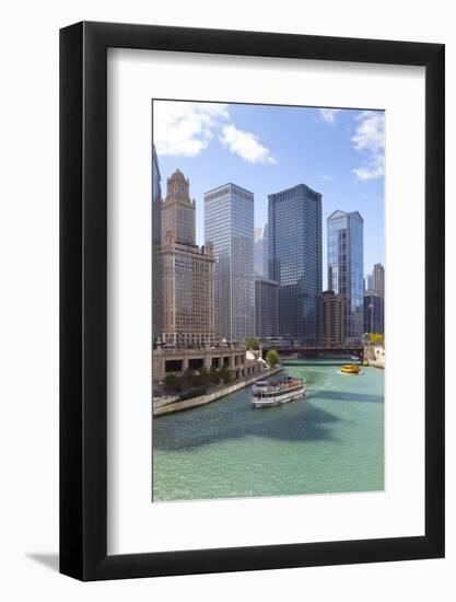 Tourist Boat on Chicago River with Glass Towers Behind on West Wacker Drive, Chicago, Illinois, USA-Amanda Hall-Framed Photographic Print