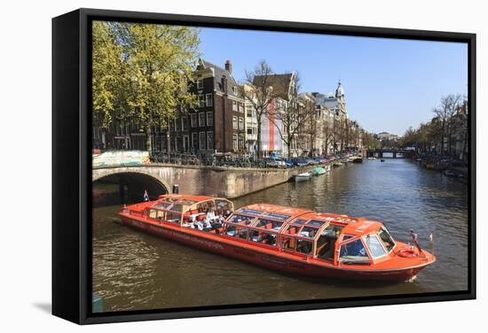 Tourist Boat on the Keizersgracht Canal, Amsterdam, Netherlands, Europe-Amanda Hall-Framed Stretched Canvas