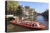 Tourist Boat on the Keizersgracht Canal, Amsterdam, Netherlands, Europe-Amanda Hall-Stretched Canvas