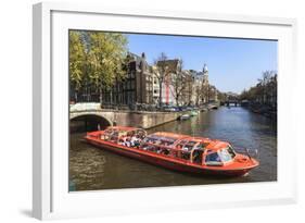 Tourist Boat on the Keizersgracht Canal, Amsterdam, Netherlands, Europe-Amanda Hall-Framed Photographic Print