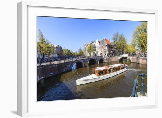 Tourist Boat on the Keizersgracht Canal, Amsterdam, Netherlands, Europe-Amanda Hall-Framed Photographic Print