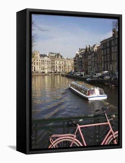 Tourist Canal Boat on the Herengracht Canal, Amsterdam, Netherlands, Europe-Amanda Hall-Framed Stretched Canvas