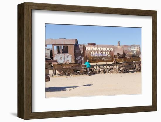 Tourist in Cementerio De Trenes (Train Cemetery), Salar De Uyuni, Bolivia-Elzbieta Sekowska-Framed Photographic Print