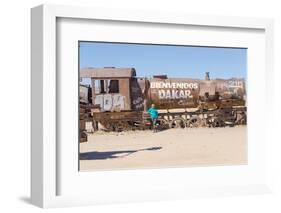 Tourist in Cementerio De Trenes (Train Cemetery), Salar De Uyuni, Bolivia-Elzbieta Sekowska-Framed Photographic Print