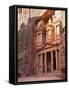 Tourist Looking Up at the Facade of the Treasury (Al Khazneh) Carved into the Red Rock at Petra, UN-Martin Child-Framed Stretched Canvas