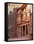 Tourist Looking Up at the Facade of the Treasury (Al Khazneh) Carved into the Red Rock at Petra, UN-Martin Child-Framed Stretched Canvas