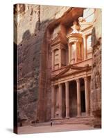 Tourist Looking Up at the Facade of the Treasury (Al Khazneh) Carved into the Red Rock at Petra, UN-Martin Child-Stretched Canvas