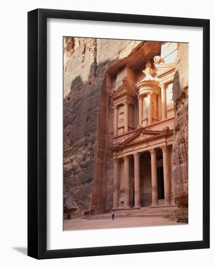 Tourist Looking Up at the Facade of the Treasury (Al Khazneh) Carved into the Red Rock at Petra, UN-Martin Child-Framed Photographic Print