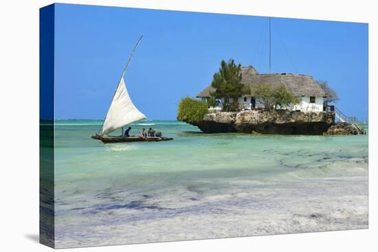 Tourist on a Traditional Dhow Boat, the Rock Restaurant, Bwejuu Beach, Zanzibar, Tanzania-Peter Richardson-Stretched Canvas