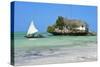 Tourist on a Traditional Dhow Boat, the Rock Restaurant, Bwejuu Beach, Zanzibar, Tanzania-Peter Richardson-Stretched Canvas