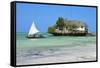 Tourist on a Traditional Dhow Boat, the Rock Restaurant, Bwejuu Beach, Zanzibar, Tanzania-Peter Richardson-Framed Stretched Canvas