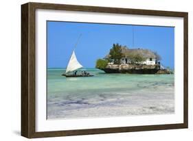 Tourist on a Traditional Dhow Boat, the Rock Restaurant, Bwejuu Beach, Zanzibar, Tanzania-Peter Richardson-Framed Photographic Print