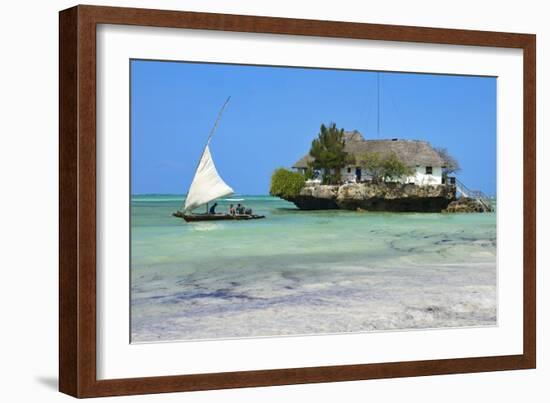 Tourist on a Traditional Dhow Boat, the Rock Restaurant, Bwejuu Beach, Zanzibar, Tanzania-Peter Richardson-Framed Photographic Print