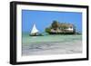 Tourist on a Traditional Dhow Boat, the Rock Restaurant, Bwejuu Beach, Zanzibar, Tanzania-Peter Richardson-Framed Photographic Print