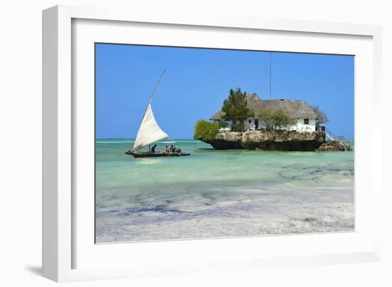 Tourist on a Traditional Dhow Boat, the Rock Restaurant, Bwejuu Beach, Zanzibar, Tanzania-Peter Richardson-Framed Photographic Print