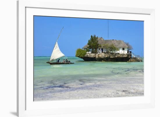 Tourist on a Traditional Dhow Boat, the Rock Restaurant, Bwejuu Beach, Zanzibar, Tanzania-Peter Richardson-Framed Photographic Print