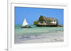 Tourist on a Traditional Dhow Boat, the Rock Restaurant, Bwejuu Beach, Zanzibar, Tanzania-Peter Richardson-Framed Photographic Print