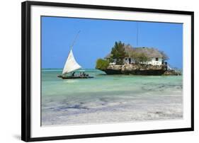 Tourist on a Traditional Dhow Boat, the Rock Restaurant, Bwejuu Beach, Zanzibar, Tanzania-Peter Richardson-Framed Photographic Print