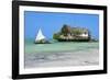 Tourist on a Traditional Dhow Boat, the Rock Restaurant, Bwejuu Beach, Zanzibar, Tanzania-Peter Richardson-Framed Photographic Print