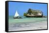 Tourist on a Traditional Dhow Boat, the Rock Restaurant, Bwejuu Beach, Zanzibar, Tanzania-Peter Richardson-Framed Stretched Canvas