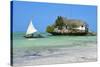 Tourist on a Traditional Dhow Boat, the Rock Restaurant, Bwejuu Beach, Zanzibar, Tanzania-Peter Richardson-Stretched Canvas