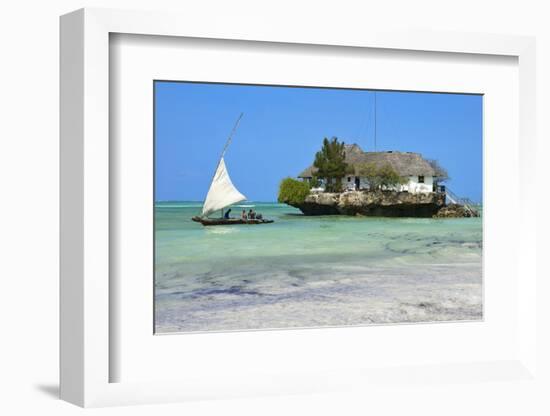 Tourist on a Traditional Dhow Boat, the Rock Restaurant, Bwejuu Beach, Zanzibar, Tanzania-Peter Richardson-Framed Photographic Print