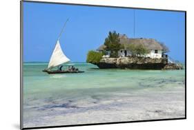 Tourist on a Traditional Dhow Boat, the Rock Restaurant, Bwejuu Beach, Zanzibar, Tanzania-Peter Richardson-Mounted Photographic Print