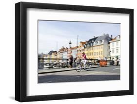 Tourist on Bicycle, Entertainment District, Nyhavn, Copenhagen, Scandinavia-Axel Schmies-Framed Photographic Print