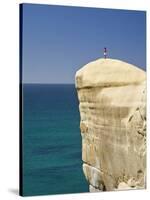 Tourist on Cliff Top at Tunnel Beach, Dunedin, South Island, New Zealand-David Wall-Stretched Canvas