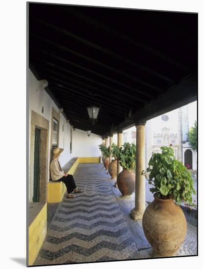 Tourist on Terrace with Striped Cobblestone Floor and Planters, Portugal-Merrill Images-Mounted Photographic Print