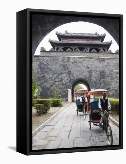 Tourist Rickshaw at a City Gate Watch Tower, Qufu City, Shandong Province, China-Kober Christian-Framed Stretched Canvas