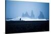 Tourist running on Black Sand Beach, Iceland, Polar Regions-John Alexander-Stretched Canvas