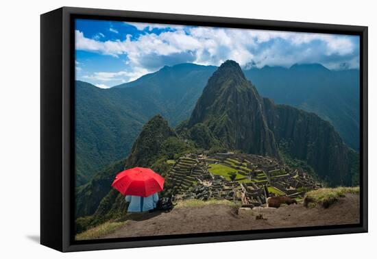 Tourist under the Shade of A Red Umbrella Looking at Machu Picchu-Mark Skalny-Framed Stretched Canvas