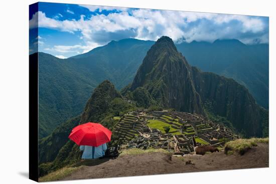 Tourist under the Shade of A Red Umbrella Looking at Machu Picchu-Mark Skalny-Stretched Canvas