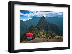 Tourist under the Shade of A Red Umbrella Looking at Machu Picchu-Mark Skalny-Framed Photographic Print