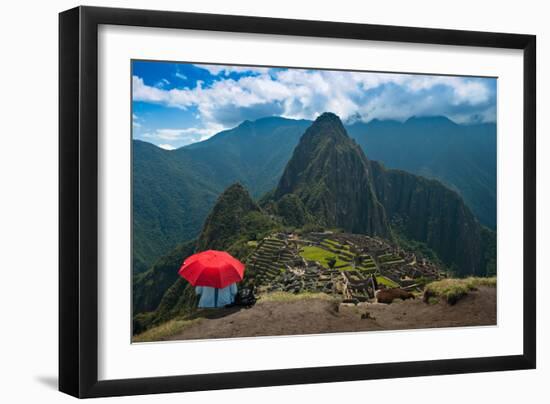 Tourist under the Shade of A Red Umbrella Looking at Machu Picchu-Mark Skalny-Framed Photographic Print