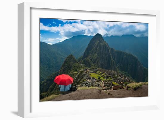 Tourist under the Shade of A Red Umbrella Looking at Machu Picchu-Mark Skalny-Framed Photographic Print