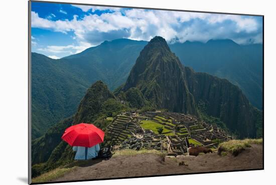 Tourist under the Shade of A Red Umbrella Looking at Machu Picchu-Mark Skalny-Mounted Photographic Print