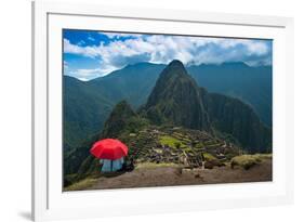 Tourist under the Shade of A Red Umbrella Looking at Machu Picchu-Mark Skalny-Framed Photographic Print