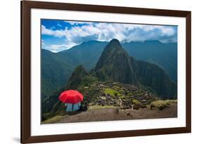 Tourist under the Shade of A Red Umbrella Looking at Machu Picchu-Mark Skalny-Framed Photographic Print