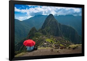 Tourist under the Shade of A Red Umbrella Looking at Machu Picchu-Mark Skalny-Framed Photographic Print