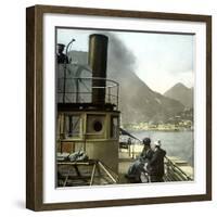 Tourists Aboard a Steamboat Off the Coast of Argegno (Italy) Wide, on the Banks of Lake Como-Leon, Levy et Fils-Framed Photographic Print