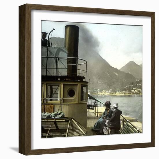 Tourists Aboard a Steamboat Off the Coast of Argegno (Italy) Wide, on the Banks of Lake Como-Leon, Levy et Fils-Framed Photographic Print