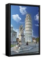 Tourists admiring the Renaissance fountain and the Leaning Tower of Pisa in summer-Roberto Moiola-Framed Stretched Canvas