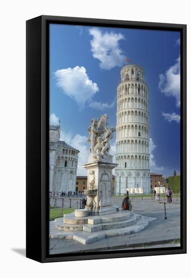 Tourists admiring the Renaissance fountain and the Leaning Tower of Pisa in summer-Roberto Moiola-Framed Stretched Canvas