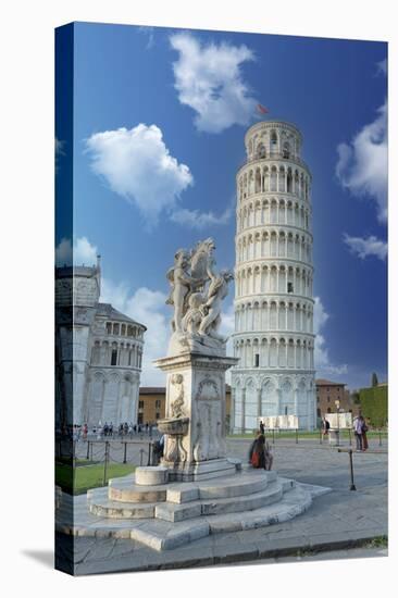 Tourists admiring the Renaissance fountain and the Leaning Tower of Pisa in summer-Roberto Moiola-Stretched Canvas